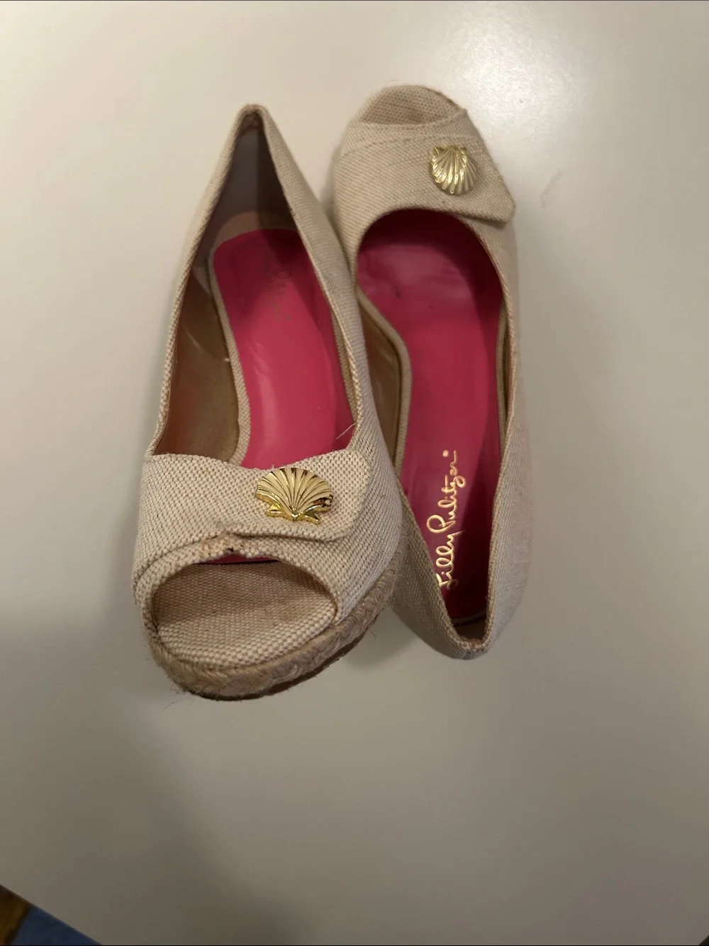 Lilly Pulitzer Beige Canvas Shell-Embellished Flats with Pink Insole